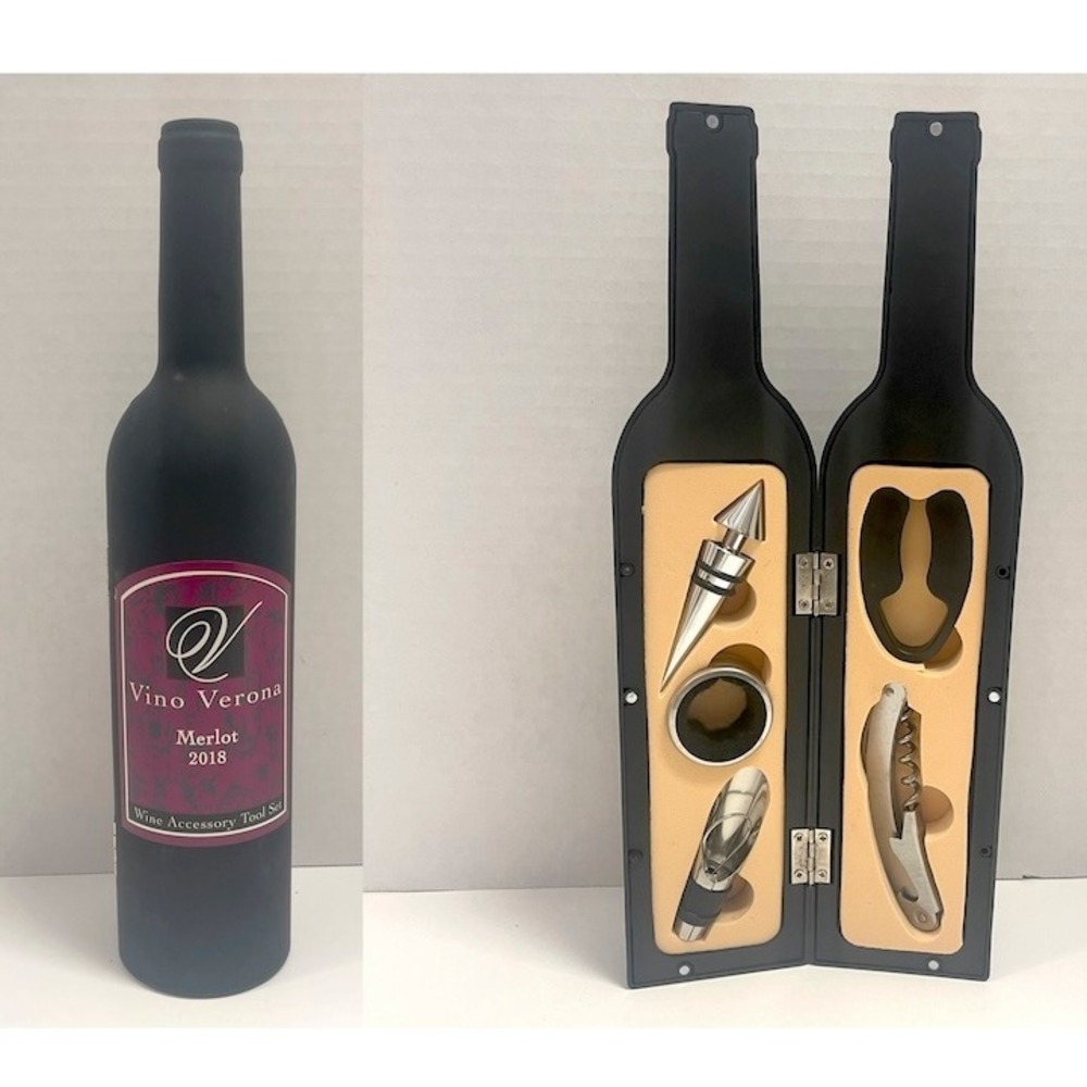 Vino Verona Wine Accessory Tool Set 5 Piece Merlot Bottle Shaped Magnetic Case